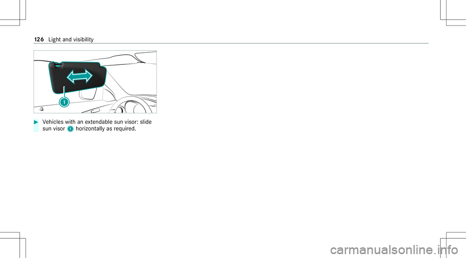 MERCEDES-BENZ C-CLASS CABRIOLET 2020 Owners Manual #
Vehicles withan extenda ble su nvis or:sl id e
su nvis or1 horizontally as requ ired. 12
6
Light andvisib ility MERCEDES-BENZ C-CLASS CABRIOLET 2020 Owners Manual #
Vehicles withan extenda ble su nvis or:sl id e
su nvis or1 horizontally as requ ired. 12
6
Light andvisib ility