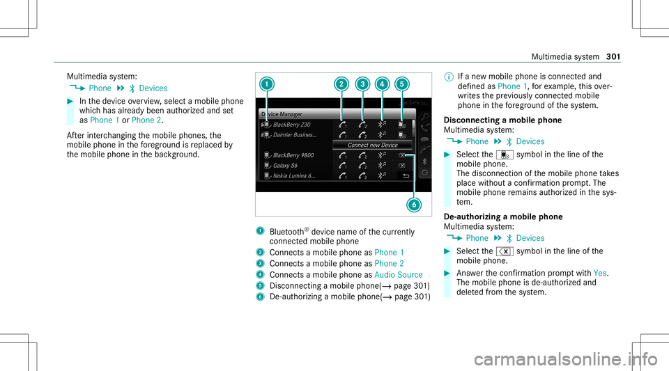 MERCEDES-BENZ C-CLASS CABRIOLET 2020  Owners Manual Multimedia
system:
4 Phone 5
00A5 Devic es #
Inthede vice overview, select amobile phone
whic hhas already been author ized andset
as Phone 1or Phone 2.
Af terint erch ang ingthemobile phones, the
mob