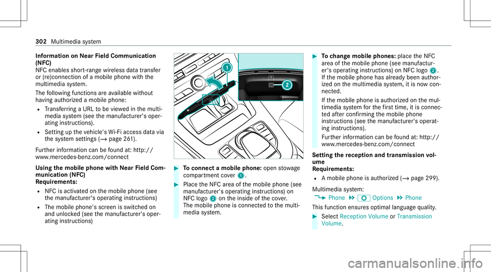 MERCEDES-BENZ C-CLASS CABRIOLET 2020 Workshop Manual Inf
orma tion onNearField Comm unication
(NFC)
NFC enabl esshor t-ra ng ewi reless datatransf er
or (re)con nection ofamobile phonewit hth e
multime diasystem.
The follo wing functionsar eav ailable w MERCEDES-BENZ C-CLASS CABRIOLET 2020 Workshop Manual Inf
orma tion onNearField Comm unication
(NFC)
NFC enabl esshor t-ra ng ewi reless datatransf er
or (re)con nection ofamobile phonewit hth e
multime diasystem.
The follo wing functionsar eav ailable w