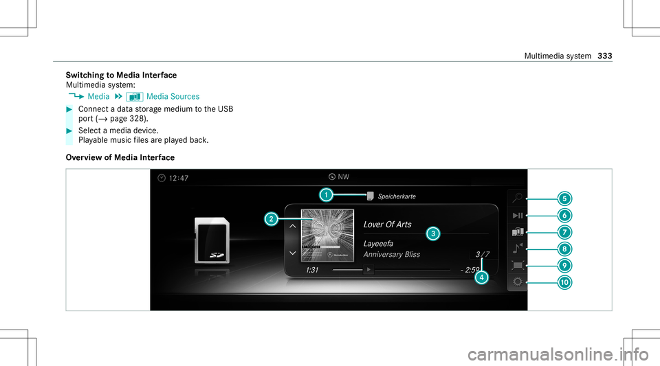 MERCEDES-BENZ C-CLASS CABRIOLET 2020 Owners Manual Switc
hingtoMedia Interface
Mult imed iasystem:
4 Media 5
à Media Sources #
Connec ta dat ast or ag emedium totheUSB
por t(/ page328). #
Select amedia device.
Pla yable music files arepla yedbac k.
O MERCEDES-BENZ C-CLASS CABRIOLET 2020 Owners Manual Switc
hingtoMedia Interface
Mult imed iasystem:
4 Media 5
à Media Sources #
Connec ta dat ast or ag emedium totheUSB
por t(/ page328). #
Select amedia device.
Pla yable music files arepla yedbac k.
O