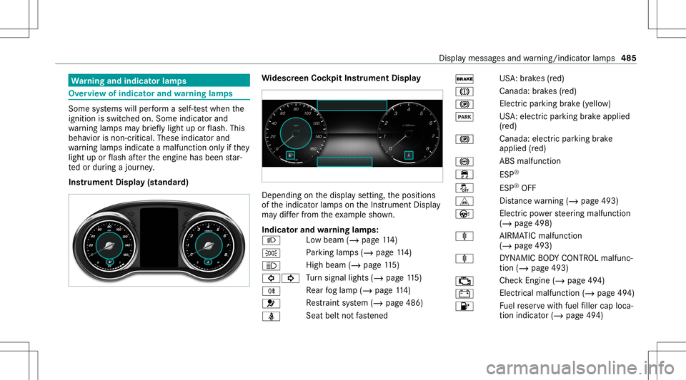 MERCEDES-BENZ C-CLASS CABRIOLET 2020 Owners Manual Wa
rning and indicat orlam ps Ov
ervie wof indicat orand warning lam ps Som
esy stems willperform aself -tes twhen the
ignit ionisswitc hedon.Som eindic ator and
wa rning lam psma ybr ief lylight upor MERCEDES-BENZ C-CLASS CABRIOLET 2020 Owners Manual Wa
rning and indicat orlam ps Ov
ervie wof indicat orand warning lam ps Som
esy stems willperform aself -tes twhen the
ignit ionisswitc hedon.Som eindic ator and
wa rning lam psma ybr ief lylight upor