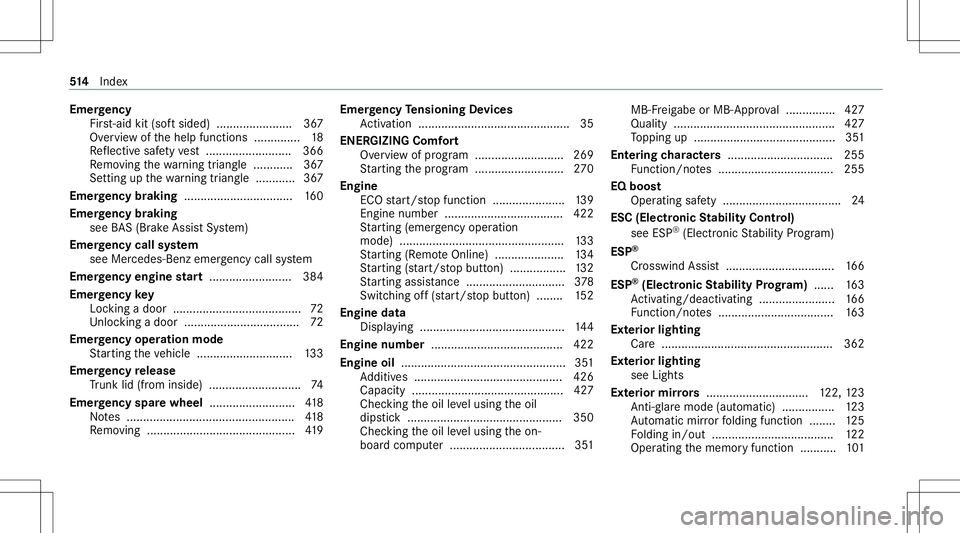 MERCEDES-BENZ C-CLASS CABRIOLET 2020 Owners Manual Emer
gency
Fir st-ai dkit (softsided) ....................... 367
Ov ervie wof thehelp functions...... ........ 18
Re flect ive saf etyve st <0011001100110011001100110011001100110011001100110011001100 MERCEDES-BENZ C-CLASS CABRIOLET 2020 Owners Manual Emer
gency
Fir st-ai dkit (softsided) ....................... 367
Ov ervie wof thehelp functions...... ........ 18
Re flect ive saf etyve st <0011001100110011001100110011001100110011001100110011001100