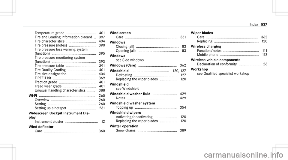 MERCEDES-BENZ C-CLASS CABRIOLET 2020 Owners Manual Te
mp eratur egr ade .............................. 401
Ti re and Loadi ngInfo rm atio nplacar d.. 397
Ti re charact eristic s........................ ...... 404
Ti re pressur e(no tes) .............. MERCEDES-BENZ C-CLASS CABRIOLET 2020 Owners Manual Te
mp eratur egr ade .............................. 401
Ti re and Loadi ngInfo rm atio nplacar d.. 397
Ti re charact eristic s........................ ...... 404
Ti re pressur e(no tes) ..............