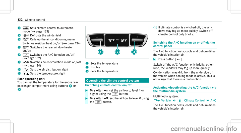 MERCEDES-BENZ E-CLASS CABRIOLET 2020 Owners Manual 4
0058 Setsclimat econtr olto aut omat ic
mode (/page13 3)
5 0064 Defrosts thewindshield
6 ! Callsuptheair con ditionin gmenu
Switc hesresidua lheat on/of f(/ page13 4)
7 006C Switchesthere ar wind ow MERCEDES-BENZ E-CLASS CABRIOLET 2020 Owners Manual 4
0058 Setsclimat econtr olto aut omat ic
mode (/page13 3)
5 0064 Defrosts thewindshield
6 ! Callsuptheair con ditionin gmenu
Switc hesresidua lheat on/of f(/ page13 4)
7 006C Switchesthere ar wind ow