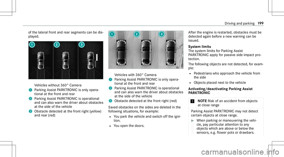 MERCEDES-BENZ E-CLASS CABRIOLET 2020 Owners Manual of
thelat eral front and rear segm entscan bedis‐
pla yed. Ve
hicles without 360° Camer a
1 Parking AssistPA RK TRONI Cis on lyop era‐
tio nal atthefront and rear
2 Parking AssistPA RK TRONI Cis MERCEDES-BENZ E-CLASS CABRIOLET 2020 Owners Manual of
thelat eral front and rear segm entscan bedis‐
pla yed. Ve
hicles without 360° Camer a
1 Parking AssistPA RK TRONI Cis on lyop era‐
tio nal atthefront and rear
2 Parking AssistPA RK TRONI Cis