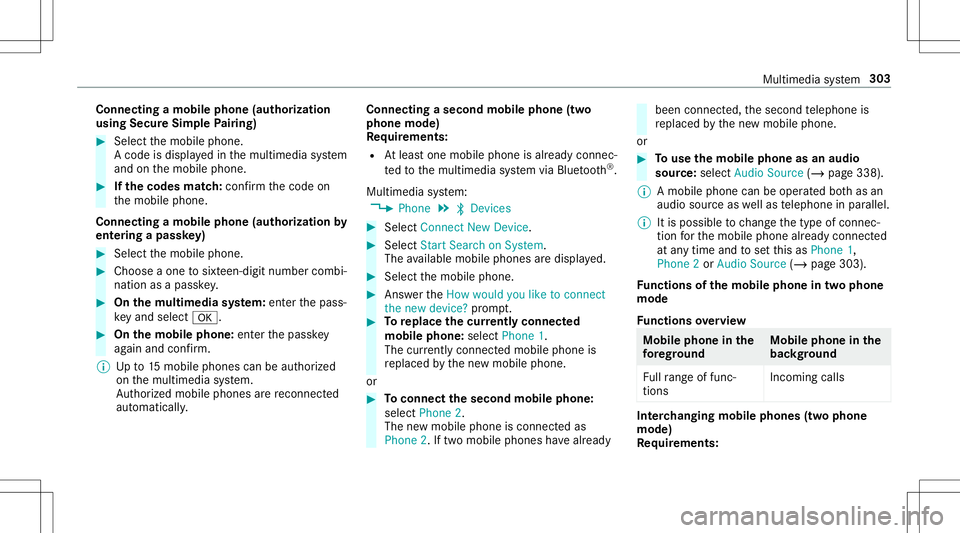 MERCEDES-BENZ E-CLASS CABRIOLET 2020 Owners Manual Connect
ingamob ilephone (authoriza tion
using SecureSim plePairing) #
Selec tth emobile phone.
A code isdispla yedin themultimedia system
and onthemobile phone. #
Ifth ecodes match: con firm thecode MERCEDES-BENZ E-CLASS CABRIOLET 2020 Owners Manual Connect
ingamob ilephone (authoriza tion
using SecureSim plePairing) #
Selec tth emobile phone.
A code isdispla yedin themultimedia system
and onthemobile phone. #
Ifth ecodes match: con firm thecode