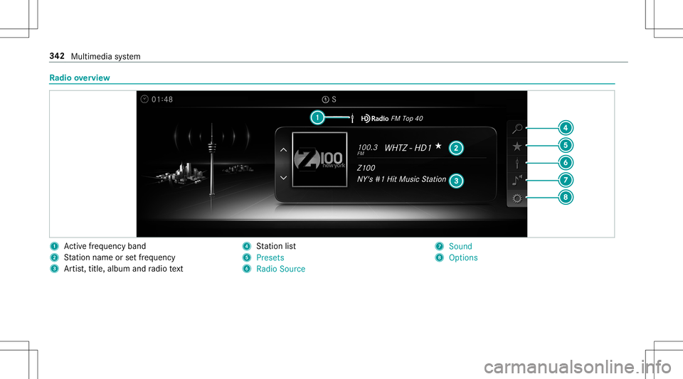 MERCEDES-BENZ E-CLASS CABRIOLET 2020 Owners Manual Ra
dio overview 1
Activefreq uency band
2 Statio nnam eor setfr eq uenc y
3 Artis t,tit le, album andradio text 4
Statio nlis t
5 Presets
6 Radio Source 7
Soun d
8 Options 34
2
Multimedia system MERCEDES-BENZ E-CLASS CABRIOLET 2020 Owners Manual Ra
dio overview 1
Activefreq uency band
2 Statio nnam eor setfr eq uenc y
3 Artis t,tit le, album andradio text 4
Statio nlis t
5 Presets
6 Radio Source 7
Soun d
8 Options 34
2
Multimedia system
