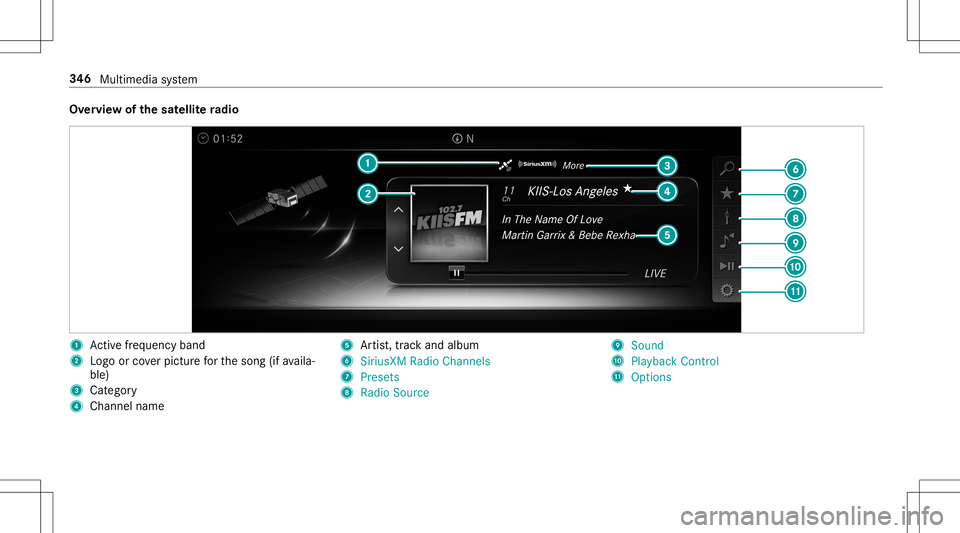 MERCEDES-BENZ E-CLASS CABRIOLET 2020 Owners Manual Ov
ervie wof thesat ellit era dio 1
Activefreq uency band
2 Logoor coverpictur efo rth esong (ifavaila‐
ble)
3 Categor y
4 Chan nelnam e 5
Artis t,trac kand album
6 SiriusXM RadioChannels
7 Pres ets MERCEDES-BENZ E-CLASS CABRIOLET 2020 Owners Manual Ov
ervie wof thesat ellit era dio 1
Activefreq uency band
2 Logoor coverpictur efo rth esong (ifavaila‐
ble)
3 Categor y
4 Chan nelnam e 5
Artis t,trac kand album
6 SiriusXM RadioChannels
7 Pres ets
