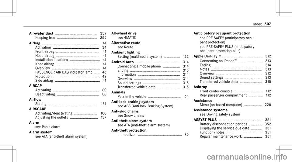 MERCEDES-BENZ E-CLASS CABRIOLET 2020 Owners Manual Air
-water duct .......................................... 359
Ke eping free ........................................3 59
Airb ag....... ..................................................41
Ac tivati MERCEDES-BENZ E-CLASS CABRIOLET 2020 Owners Manual Air
-water duct .......................................... 359
Ke eping free ........................................3 59
Airb ag....... ..................................................41
Ac tivati