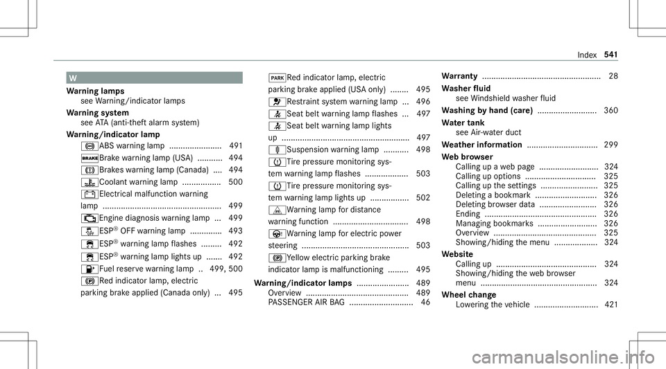 MERCEDES-BENZ E-CLASS CABRIOLET 2020 Owners Manual W
Wa rning lam ps
see Warning/ indic ator lam ps
Wa rning system
see ATA(anti-t heftal ar m system)
Wa rning/indicat orlam p
0025AB Swa rning lam p.......................4 91
0027 Brak ewa rning lam p MERCEDES-BENZ E-CLASS CABRIOLET 2020 Owners Manual W
Wa rning lam ps
see Warning/ indic ator lam ps
Wa rning system
see ATA(anti-t heftal ar m system)
Wa rning/indicat orlam p
0025AB Swa rning lam p.......................4 91
0027 Brak ewa rning lam p