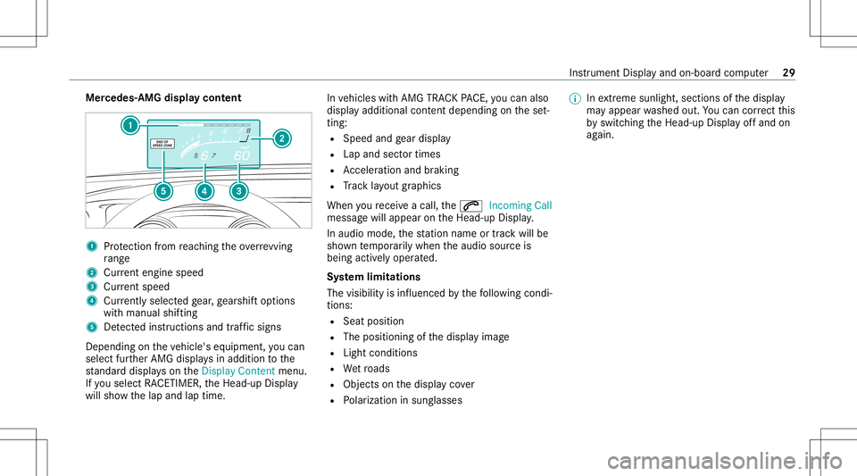MERCEDES-BENZ E-CLASS CABRIOLET 2020  AMG Owners Manual Mer
cede s-AMG displa ycon tent 1
Protect ion from reac hin gth eov errevving
ra ng e
2 Current engine speed
3 Current spe ed
4 Current lyselect edgear,ge arshif top tio ns
wit hman ualshif ting
5 Det