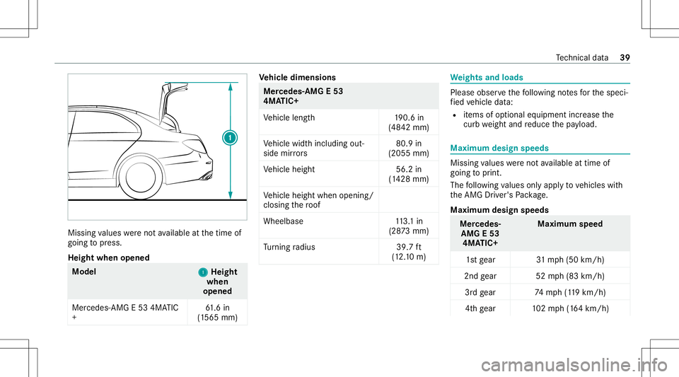 MERCEDES-BENZ E-CLASS CABRIOLET 2020  AMG Service Manual Missing
values werenotav ailable atthetime of
going topress.
Height whenopened Model
1 1
Height
when
opened
Mer cedes- AMGE53 4MA TIC
+ 61
.6 in
(1 565 mm) Ve
hicl edimens ions Mer
cedes- AMG E53
4MA 