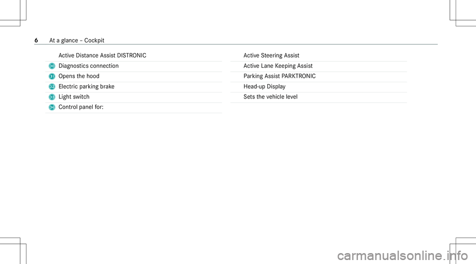 MERCEDES-BENZ E-CLASS CABRIOLET 2020  AMG Owners Manual Ac
tiveDis tance AssistDIS TRONI C
U Diagno stics con nection
V Open sth ehood
W Elect ric pa rking brak e
X Light switch
Y Cont rolpanel for: Ac
tiveSt eer ing Assis t
Ac tiveLa ne Keeping Assist
Pa 