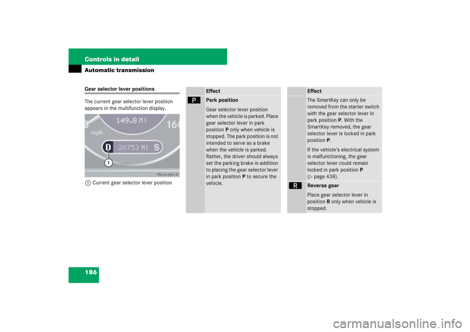 MERCEDES-BENZ E320 BLUETEC 2007 W211 Owners Manual 186 Controls in detailAutomatic transmissionGear selector lever positions
The current gear selector lever position 
appears in the multifunction display.
1Current gear selector lever position
Effect
�