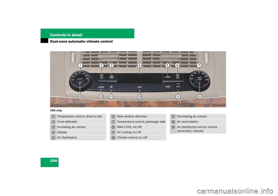 MERCEDES-BENZ E63AMG 2007 W211 Owners Manual 206 Controls in detailDual-zone automatic climate controlUSA only1
Temperature control, driver’s side
2
Front defroster
3
Increasing air volume
4
Display
5
Air distribution
6
Rear window defroster
7