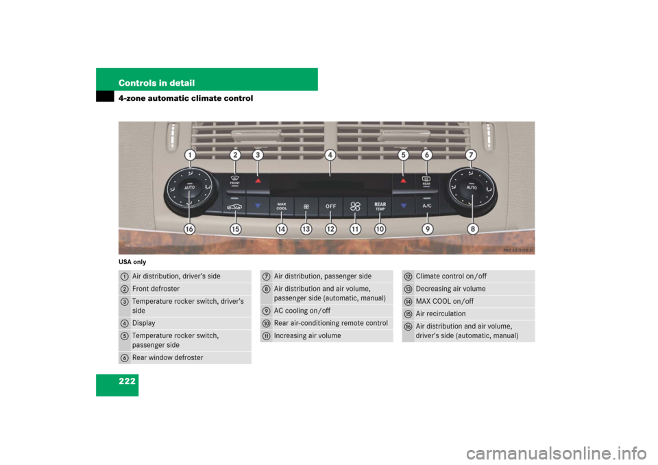 MERCEDES-BENZ E550 4MATIC 2007 W211 Owners Manual 222 Controls in detail4-zone automatic climate controlUSA only1
Air distribution, driver’s side
2
Front defroster
3
Temperature rocker switch, driver’s 
side
4
Display
5
Temperature rocker switch,