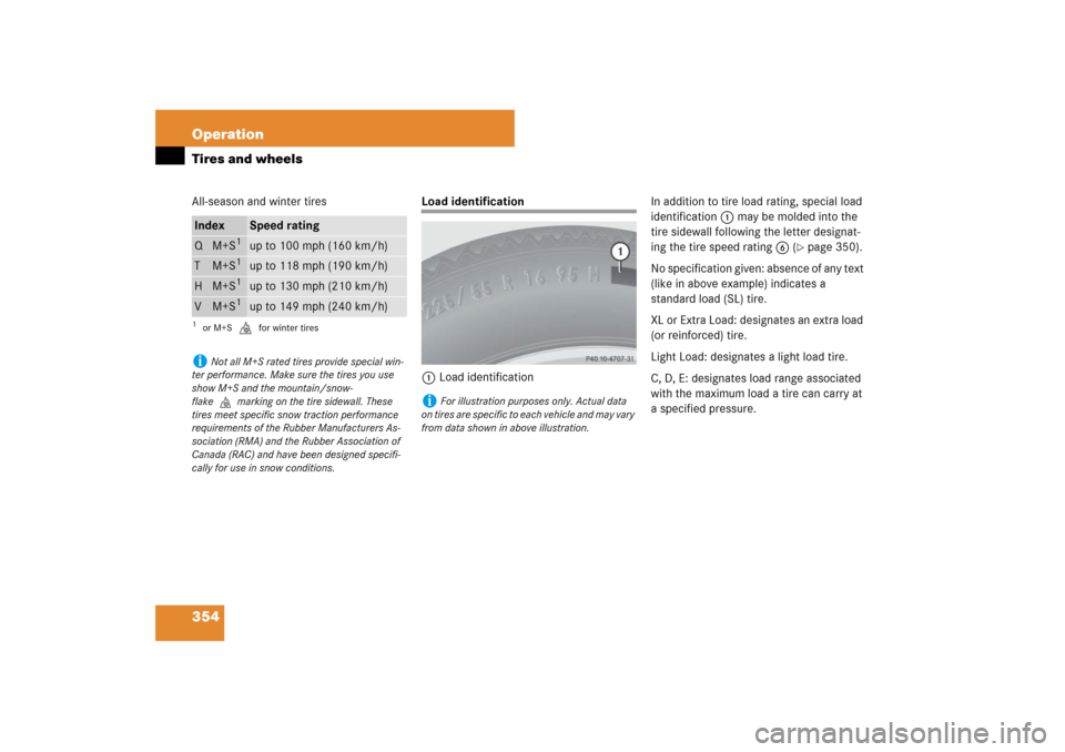 MERCEDES-BENZ E320 BLUETEC 2007 W211 Owners Manual 354 OperationTires and wheelsAll-season and winter tires
Load identification
1Load identificationIn addition to tire load rating, special load 
identification1 may be molded into the 
tire sidewall fo