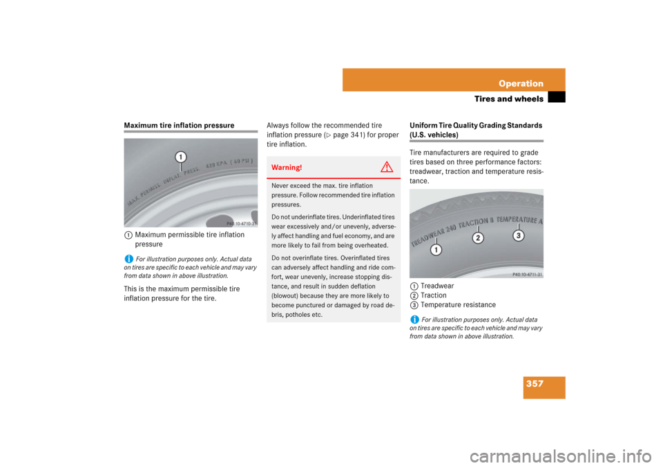 MERCEDES-BENZ E320 BLUETEC 2007 W211 Owners Manual 357 Operation
Tires and wheels
Maximum tire inflation pressure
1Maximum permissible tire inflation 
pressure 
This is the maximum permissible tire 
inflation pressure for the tire.Always follow the re
