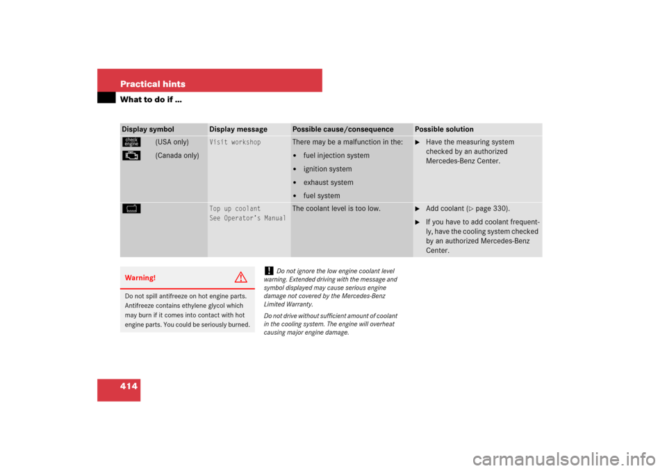 MERCEDES-BENZ E320 BLUETEC 2007 W211 Owners Manual 414 Practical hintsWhat to do if …Display symbol
Display message
Possible cause/consequence
Possible solution
ú
 (USA only)
±
   (Canada only)
Visit workshop
There may be a malfunction in the:
fu