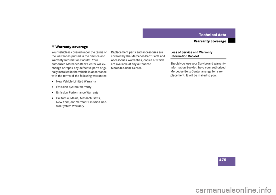 MERCEDES-BENZ E350 4MATIC 2007 W211 Owners Manual 475 Technical data
Warranty coverage
Warranty coverage
Your vehicle is covered under the terms of 
the warranties printed in the Service and 
Warranty Information Booklet. Your 
authorized Mercedes-B