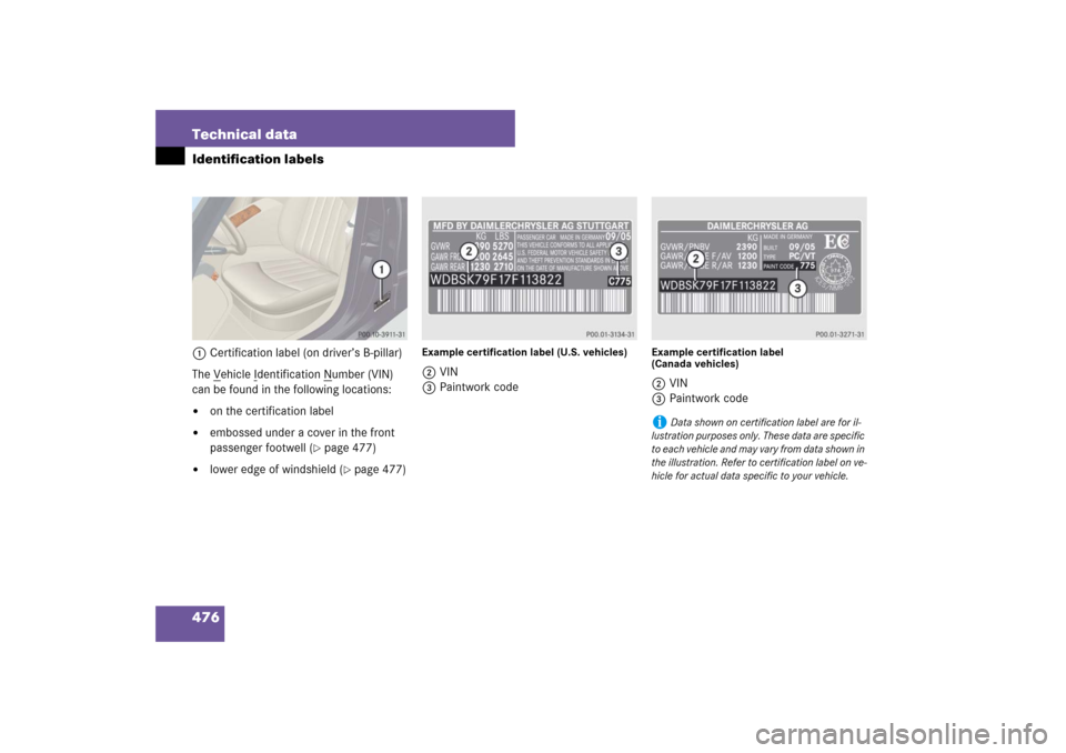 MERCEDES-BENZ E350 4MATIC 2007 W211 Owners Manual 476 Technical dataIdentification labels1Certification label (on driver’s B-pillar)
The V
ehicle I
dentification N
umber (VIN) 
can be found in the following locations:

on the certification label
