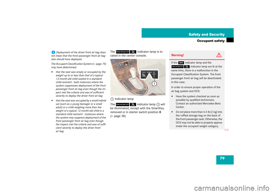 MERCEDES-BENZ E320 BLUETEC 2007 W211 Manual PDF 79 Safety and Security
Occupant safety
The 75 indicator lamp is lo-
cated in the center console.
1Indicator lamp
The 75 indicator lamp1 will 
be illuminated, except with the SmartKey 
removed or in st