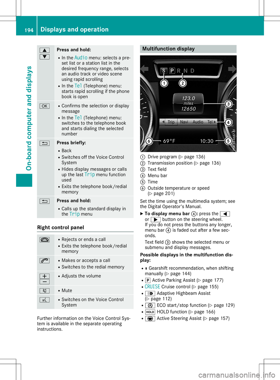 MERCEDES-BENZ SL ROADSTER 2020  Owners Manual 0063
0064 Press
andhold:
R In the Audio Audio
menu: selects apre-
set listorastation listinthe
desired frequency range,selects
an audio trackorvideo scene
using rapidscrolling
R In the Tel Tel
(Teleph