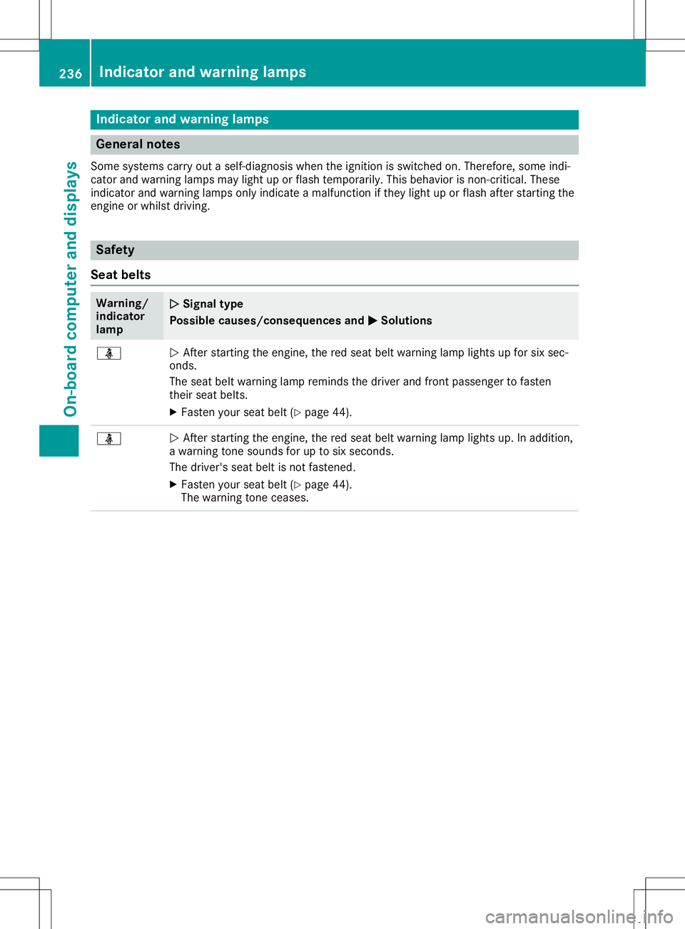 MERCEDES-BENZ SL ROADSTER 2020  Owners Manual Ind
icat orand warning lamps Gener
alnot es
So me syst ems carryout aself -diagn osis when theign ition isswit ched on.Ther efore, som eind i-
cat orand warn inglamp smay lightup orflas hte mpo rarily