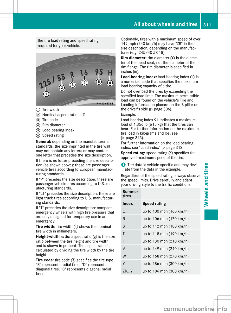 MERCEDES-BENZ SL ROADSTER 2020 Owners Manual the
tire load rating andspee dra ting
req uired foryour veh icle. 0043
Tire width
0044 Nom inalas pe ct ratio in%
0087 Tire cod e
0085 Rim diam ete r
0083 Loadbe aring index
0084 Spe edrating
Ge neral MERCEDES-BENZ SL ROADSTER 2020 Owners Manual the
tire load rating andspee dra ting
req uired foryour veh icle. 0043
Tire width
0044 Nom inalas pe ct ratio in%
0087 Tire cod e
0085 Rim diam ete r
0083 Loadbe aring index
0084 Spe edrating
Ge neral