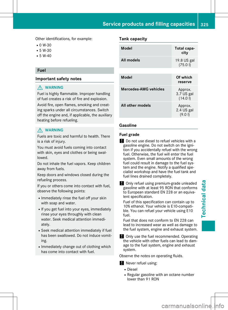 MERCEDES-BENZ SL ROADSTER 2020  Owners Manual Other
identifications, forexample:
R 0W-30
R 5W-30
R 5W-40 Fuel
Importa ntsafety notes G
WARNING
Fuel ishighly flammabl e.Improper handling
of fuel creates arisk offire and explosion.
Avoid fire,open 