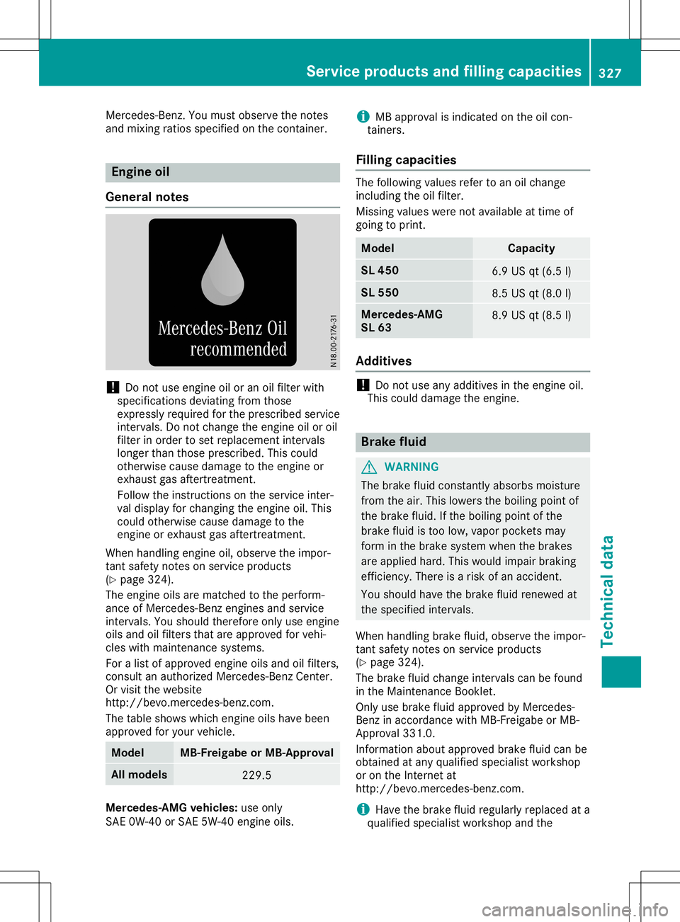 MERCEDES-BENZ SL ROADSTER 2020 Owners Manual Mercedes-Ben
z.You must observe thenotes
and mixing ratiosspecified onthe cont ainer. Engine
oil
General notes !
Do
not use engine oiloran oilfilter with
specifications deviatingfromthose
expressly re MERCEDES-BENZ SL ROADSTER 2020 Owners Manual Mercedes-Ben
z.You must observe thenotes
and mixing ratiosspecified onthe cont ainer. Engine
oil
General notes !
Do
not use engine oiloran oilfilter with
specifications deviatingfromthose
expressly re
