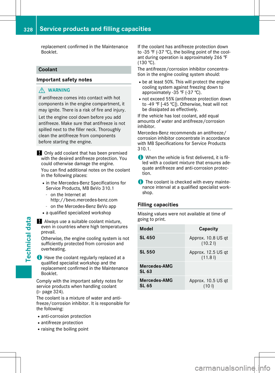 MERCEDES-BENZ SL ROADSTER 2020  Owners Manual repla
cement confirmed inthe Maintenance
Booklet. Co
olan t
Important safetynotes G
WARNING
If antifreeze comesintocontact withhot
components inthe engine compartment, it
may ignite. Thereisarisk offi