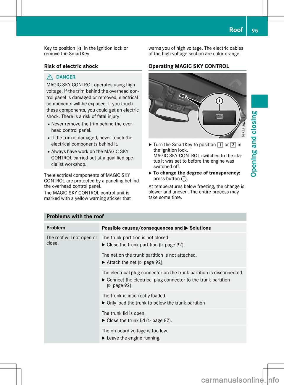 MERCEDES-BENZ SL ROADSTER 2020 Owners Manual Key
topositio n0092 inthe ignition lockor
remove theSmartKey.
Risk ofele ctric shock G
DA
NGER
MAGIC SKYCONTR OLopera tesusing high
voltage .If the trim behind theoverhea dcon-
trol panel isdama gedor MERCEDES-BENZ SL ROADSTER 2020 Owners Manual Key
topositio n0092 inthe ignition lockor
remove theSmartKey.
Risk ofele ctric shock G
DA
NGER
MAGIC SKYCONTR OLopera tesusing high
voltage .If the trim behind theoverhea dcon-
trol panel isdama gedor