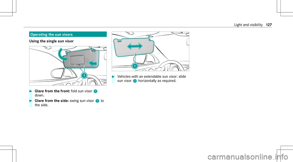 MERCEDES-BENZ S-CLASS CABRIOLET 2020  Owners Manual Oper
ating thesun visor s
Using thesing lesun visor #
Glarefrom thefront :fo ld sun visor 1
do wn. #
Glar efrom theside: swingsun visor1 to
th eside. #
Vehicles withan extenda ble su nvis or:sl id e
s