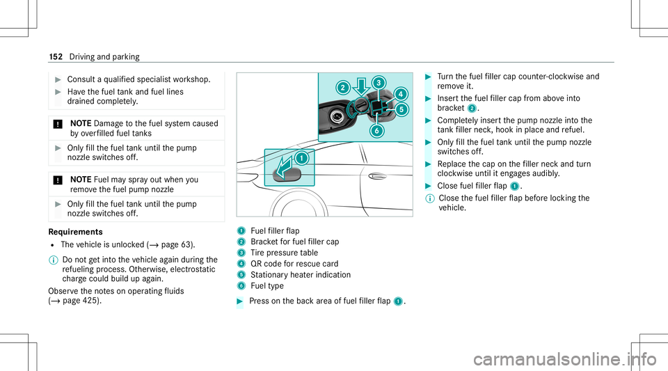 MERCEDES-BENZ S-CLASS CABRIOLET 2020  Owners Manual #
Con sult aqu alif ied spec ialistwo rkshop. #
Have thefuel tank and fuellines
dr ained complet ely . *
NO
TEDama getothefuel system caused
by ove rfilled fueltank s #
Only fill th efuel tank unti lt