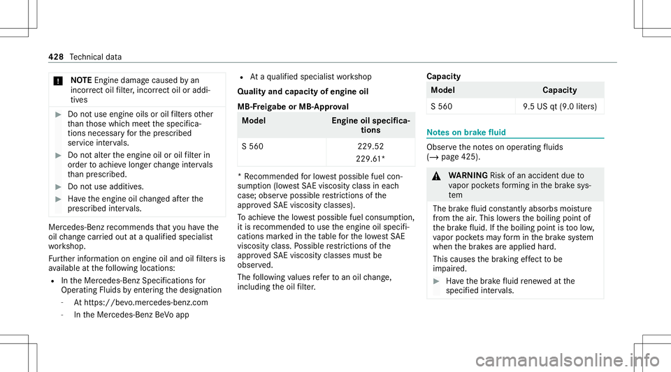 MERCEDES-BENZ S-CLASS CABRIOLET 2020  Owners Manual *
NO
TEEngi nedama gecau sed byan
inc orrect oil filt er ,inc orrect oil oraddi‐
tiv es #
Donotus eengi neoilsor oil filt er sot her
th an those whic hmee tth especif ica‐
tion sneces saryfo rth e
