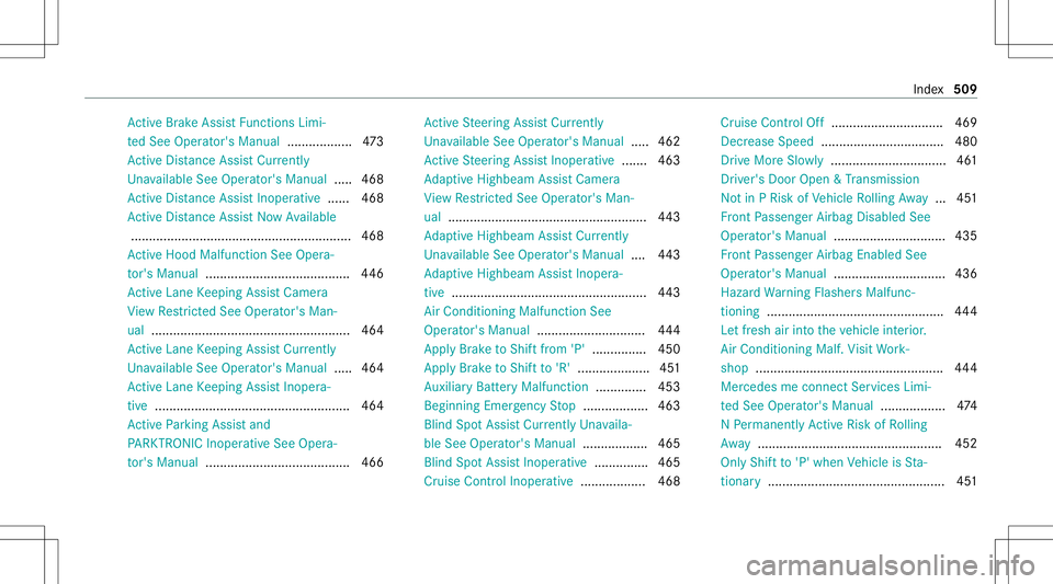 MERCEDES-BENZ S-CLASS CABRIOLET 2020 Owners Manual Ac
tiveBr ak eAssi stFunctio nsLim i‐
te dSee Oper ator's Manual .................. 473
Ac tiveDis tance AssistCur rently
Un available SeeOper ator' sMan ual.....4 68
Ac tiveDis tance Assist MERCEDES-BENZ S-CLASS CABRIOLET 2020 Owners Manual Ac
tiveBr ak eAssi stFunctio nsLim i‐
te dSee Oper ator's Manual .................. 473
Ac tiveDis tance AssistCur rently
Un available SeeOper ator' sMan ual.....4 68
Ac tiveDis tance Assist