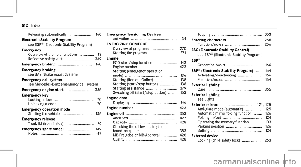MERCEDES-BENZ S-CLASS CABRIOLET 2020 Owners Manual Re
leasing automat ically.................. .....1 60
Ele ctroni cSt abil ityProg ram
see ESP®
(Electr onicStabilit yPr og ram)
Emer gency
Ov ervie wof thehelp functions...... ........ 18
Re flect iv MERCEDES-BENZ S-CLASS CABRIOLET 2020 Owners Manual Re
leasing automat ically.................. .....1 60
Ele ctroni cSt abil ityProg ram
see ESP®
(Electr onicStabilit yPr og ram)
Emer gency
Ov ervie wof thehelp functions...... ........ 18
Re flect iv