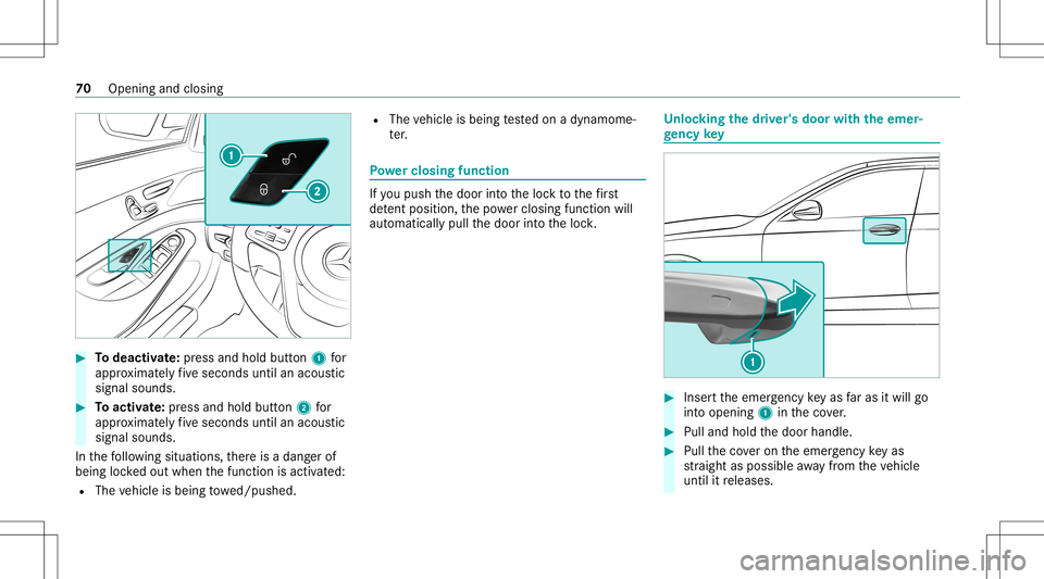 MERCEDES-BENZ S-CLASS CABRIOLET 2020 Manual PDF #
Todeac tivate: press and holdbu tton 1 for
appr oximat elyfive seconds untilanacous tic
signal sounds. #
Toactiv ate: press and hold button2 for
appr oximat elyfive seconds untilanacous tic
signal s MERCEDES-BENZ S-CLASS CABRIOLET 2020 Manual PDF #
Todeac tivate: press and holdbu tton 1 for
appr oximat elyfive seconds untilanacous tic
signal sounds. #
Toactiv ate: press and hold button2 for
appr oximat elyfive seconds untilanacous tic
signal s