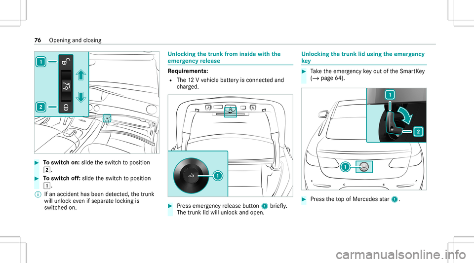 MERCEDES-BENZ S-CLASS CABRIOLET 2020 Manual PDF #
Toswitc hon: slide theswitc hto position
0048. #
Toswitc hof f:slide theswitc hto position
0047.
% Ifan acciden thas been detected, thetrunk
will unloc keve nif sep aratelock ing is
switc hedon. Un
MERCEDES-BENZ S-CLASS CABRIOLET 2020 Manual PDF #
Toswitc hon: slide theswitc hto position
0048. #
Toswitc hof f:slide theswitc hto position
0047.
% Ifan acciden thas been detected, thetrunk
will unloc keve nif sep aratelock ing is
switc hedon. Un
