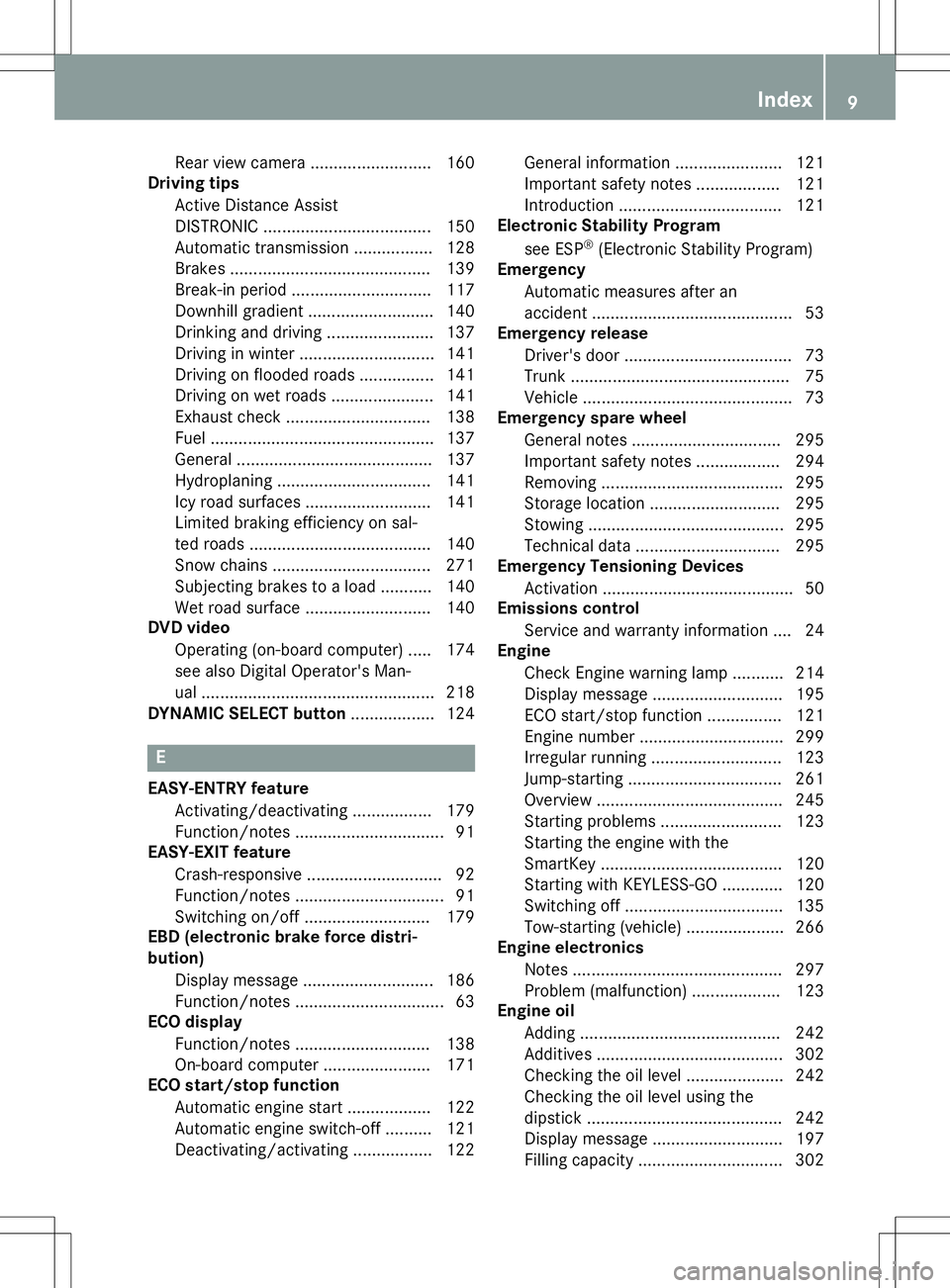 MERCEDES-BENZ SLC ROADSTER 2020  Owners Manual Rear
viewc amera .......................... 160
Dri ving tips
Ac tive Distanc eAssist
DI ST RONI C....................................1 50
Aut oma tict rans mis sion .................1 28
Brakes .....