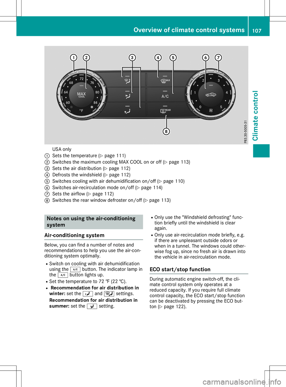 MERCEDES-BENZ SLC ROADSTER 2020  Owners Manual USA
only
0043 Sets thetemperature (Ypage 111)
0044 Switches themaximum coolingMAXCOOL onoroff (Ypage 113)
0087 Sets theairdistribution (Ypage 112)
0085 Defrosts thewindshiel d(Ypage 112)
0083 Switches