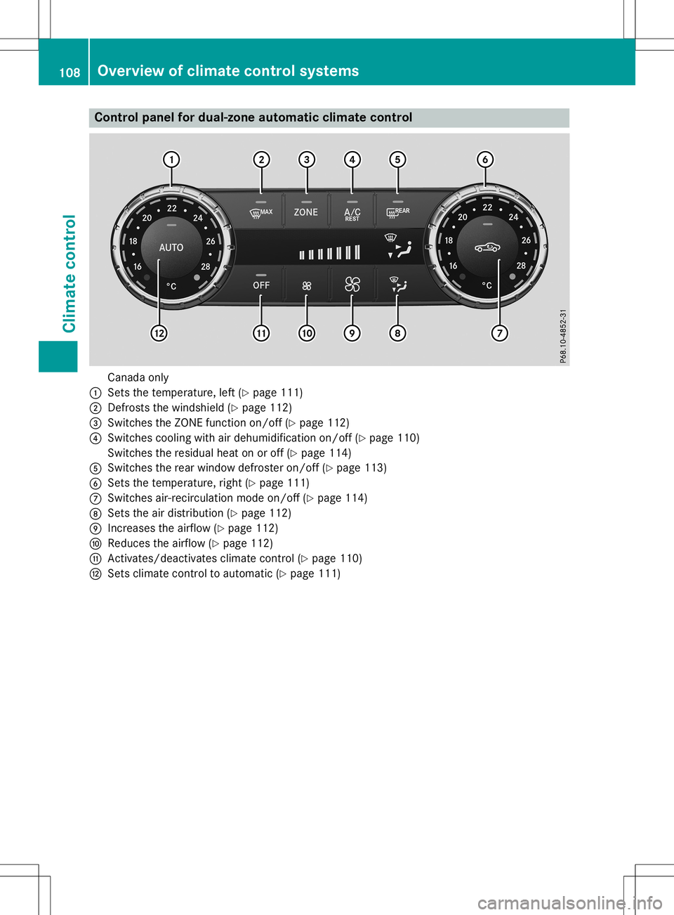 MERCEDES-BENZ SLC ROADSTER 2020  Owners Manual Cont
rolpanel fordual-zone autom atic clim atec ont rol Canad
aonly
0043 Setsthe temper ature,left (Ypage 111)
0044 Defrost sthe wind shield(Y page 112)
0087 Swit ches theZ ONE function on/of f(Y page