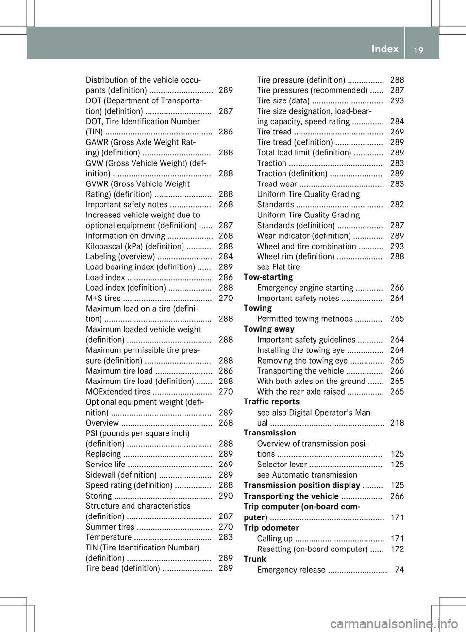 MERCEDES-BENZ SLC ROADSTER 2020 Owners Guide Dis
tribu tio no fthe veh icleo ccu -
pa nts (defi niti on) ............ ................289
DOT (Departme ntofTra nsp orta -
tio n)(defi niti on) ............ .................287
DOT, Tire Ide ntif MERCEDES-BENZ SLC ROADSTER 2020 Owners Guide Dis
tribu tio no fthe veh icleo ccu -
pa nts (defi niti on) ............ ................289
DOT (Departme ntofTra nsp orta -
tio n)(defi niti on) ............ .................287
DOT, Tire Ide ntif
