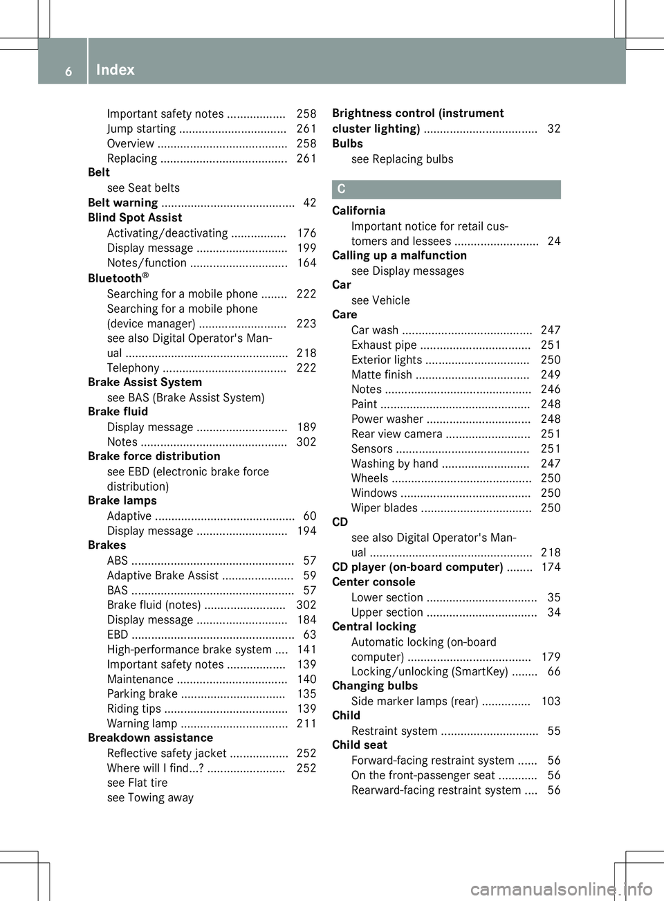 MERCEDES-BENZ SLC ROADSTER 2020  Owners Manual Important
safetynotes.................. 258
Jump starting .................................2 61
Overvi ew....... ................................. 258
Rep lacing ......................................