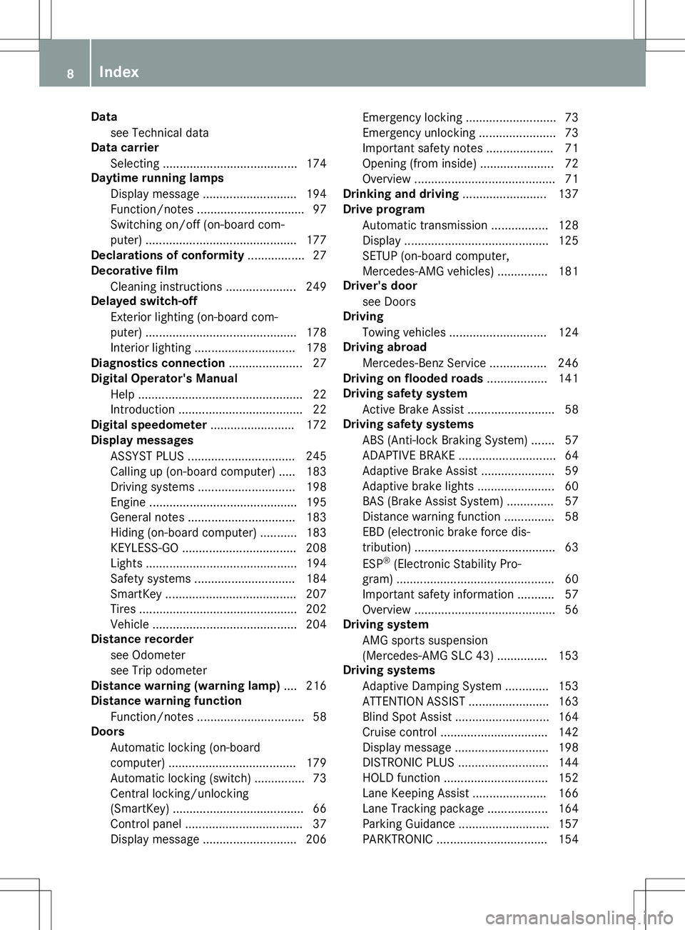 MERCEDES-BENZ SLC ROADSTER 2020 Owners Manual Dat
a
see Technica ldata
Dat acarrier
Se lec ting ...... .................................. 174
Day time runnin glam ps
Di spla ymessage ............................ 194
Fun ction /notes ............. MERCEDES-BENZ SLC ROADSTER 2020 Owners Manual Dat
a
see Technica ldata
Dat acarrier
Se lec ting ...... .................................. 174
Day time runnin glam ps
Di spla ymessage ............................ 194
Fun ction /notes .............