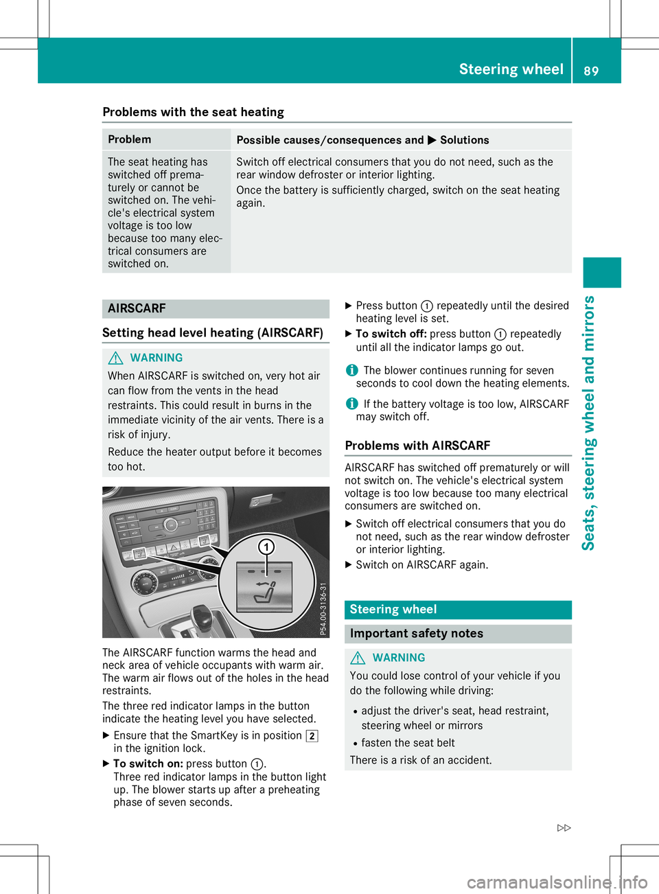 MERCEDES-BENZ SLC ROADSTER 2020 Owners Manual Problems
withtheseat heating Problem
Possible
causes/co nsequences and0050 0050
Solutions The
seat heating has
switched offprema-
turely orcannot be
switched on.The vehi-
cle's electrical system
v MERCEDES-BENZ SLC ROADSTER 2020 Owners Manual Problems
withtheseat heating Problem
Possible
causes/co nsequences and0050 0050
Solutions The
seat heating has
switched offprema-
turely orcannot be
switched on.The vehi-
cle's electrical system
v