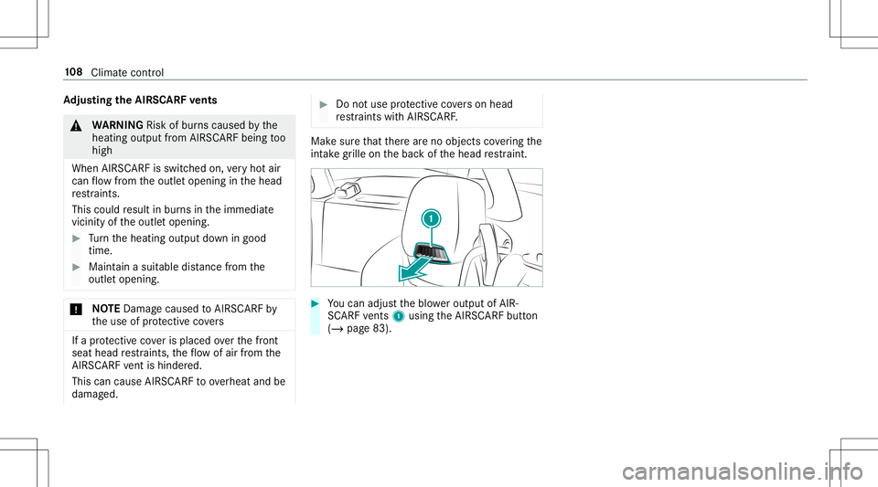 MERCEDES-BENZ GT R ROADSTER 2020 Owners Manual Ad
jus tingthe AIRSC ARF vents &
WARNIN GRisk ofburnscaused bythe
heating outputfrom AIRSC ARFbeing too
high
When AIRSCARFisswitc hedon,very hotair
can flow from theoutle topening inthehead
re stra in MERCEDES-BENZ GT R ROADSTER 2020 Owners Manual Ad
jus tingthe AIRSC ARF vents &
WARNIN GRisk ofburnscaused bythe
heating outputfrom AIRSC ARFbeing too
high
When AIRSCARFisswitc hedon,very hotair
can flow from theoutle topening inthehead
re stra in