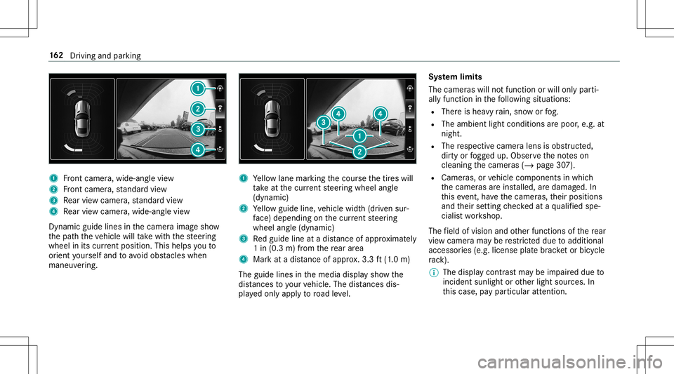 MERCEDES-BENZ GT R ROADSTER 2020  Owners Manual 1
Front camer a,wide-ang levie w
2 Front camer a,standar dvie w
3 Rear vie wcam era, standar dvie w
4 Rear vie wcam era, wide- anglevie w
Dyn amic guide linesin thecamer aimag esho w
th epat hth eve h