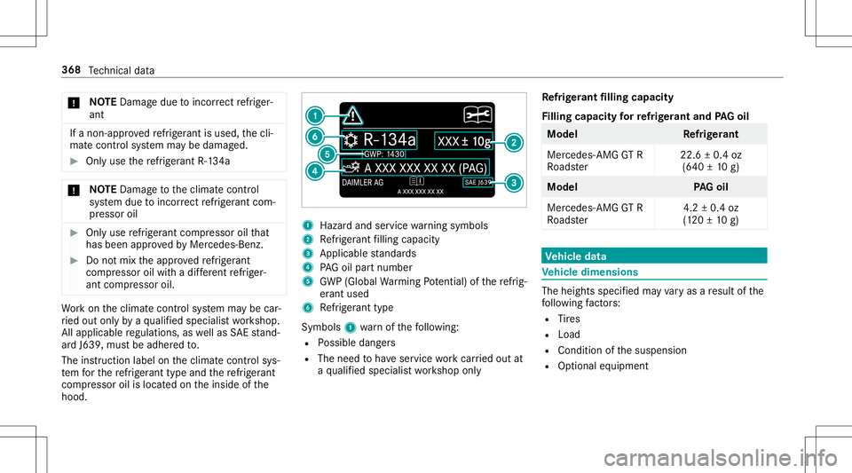 MERCEDES-BENZ GT R ROADSTER 2020 Owners Manual *
NO
TEDama gedue toinc orrect refrig er‐
ant If
anon-appr ovedre frig er ant isuse d,thecli‐
mat econ trol system maybe damag ed. #
Onlyuse there frig er ant R‑134a *
NO
TEDama getotheclimat ec MERCEDES-BENZ GT R ROADSTER 2020 Owners Manual *
NO
TEDama gedue toinc orrect refrig er‐
ant If
anon-appr ovedre frig er ant isuse d,thecli‐
mat econ trol system maybe damag ed. #
Onlyuse there frig er ant R‑134a *
NO
TEDama getotheclimat ec